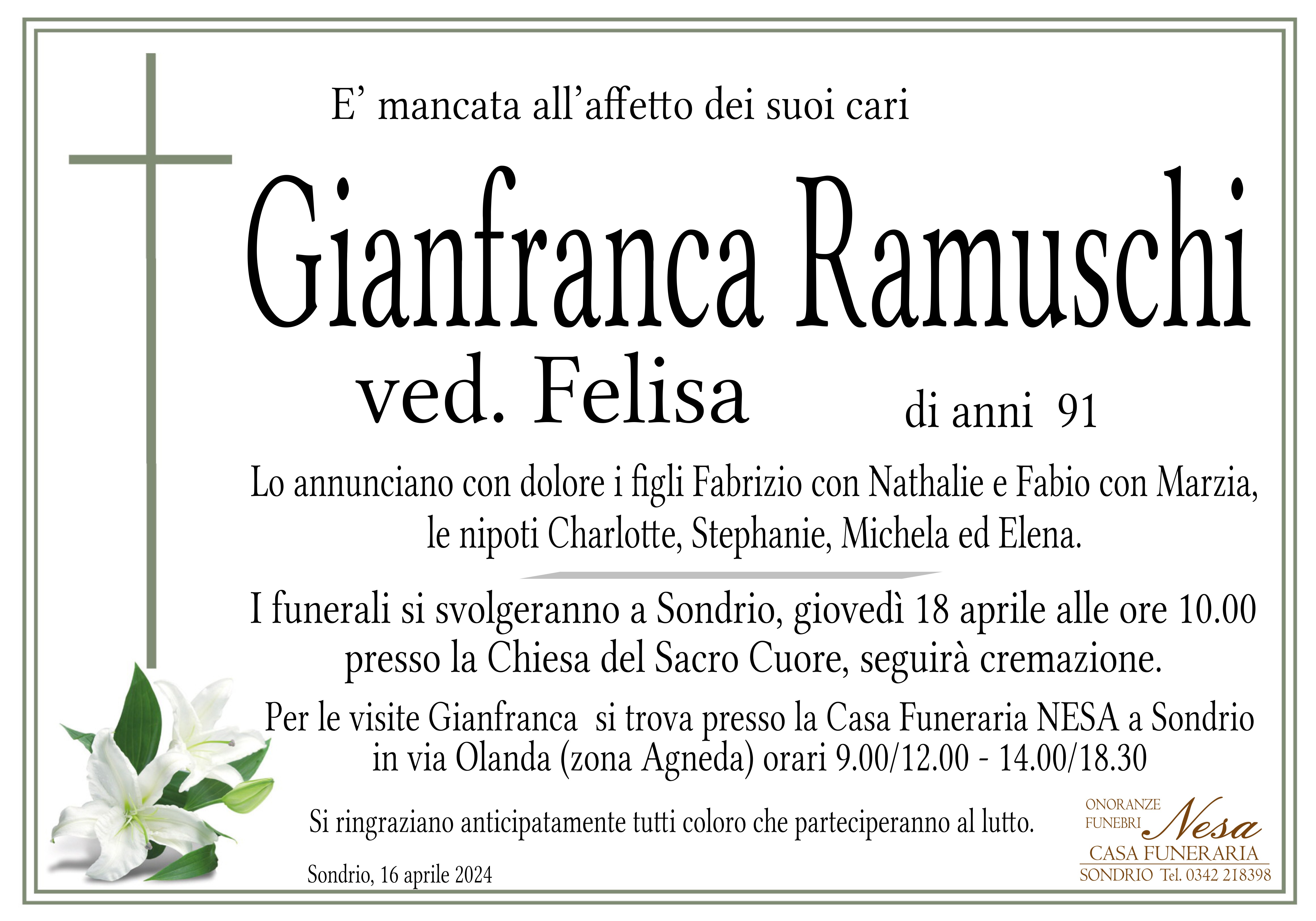 Necrologio Gianfranca Ramuschi ved. Felisa